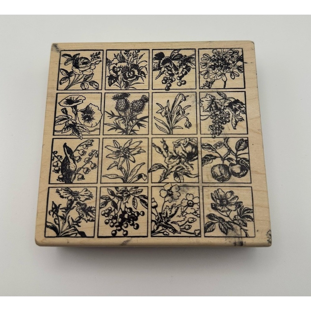 Magenta Wildflower Grid Squares 30006P Botanical Wood Mount Rubber Stamp Vintage